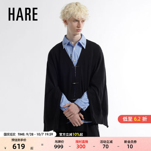 HARE针织衫男2026秋季新款时髦开叉袖口设计感V领开衫659598