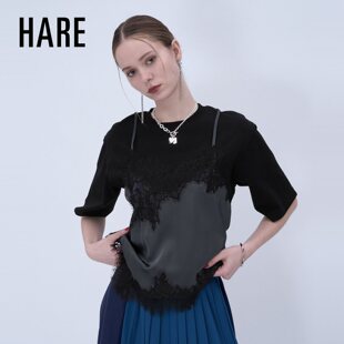 HARE 新款 假两件蕾丝拼接绑带短袖 上衣655971 T恤女2026夏季