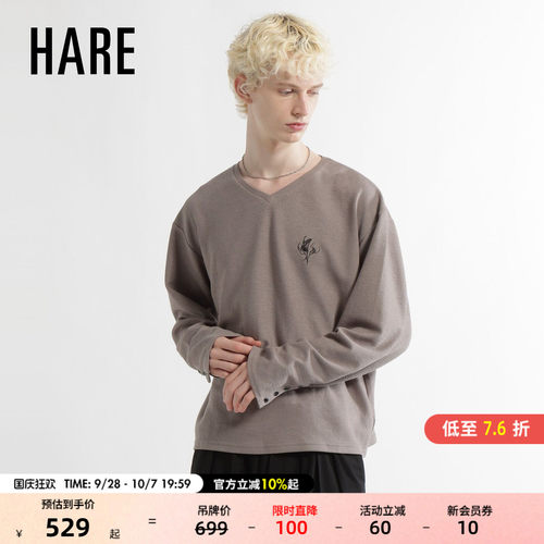 HARE T恤男2026秋季新款日系V领花卉刺绣宽松落肩长袖上衣1055075