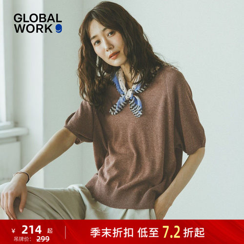 GLOBAL WORK 针织衫女2026夏季新款含亚麻V领薄款短袖上衣147712