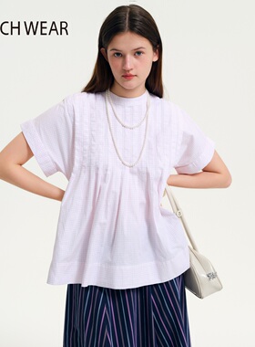 BUCH WEAR衬衫女2026春季新款小格纹圆领褶皱棉质短袖645983