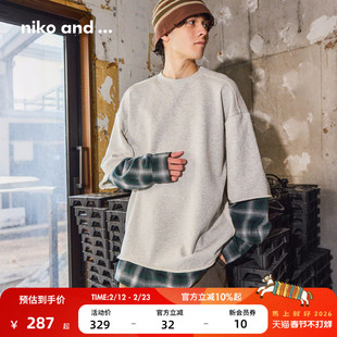 niko and ...T恤男2026春季新款少年感格纹假两件长袖上衣654118