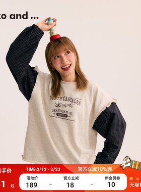 niko and ...卫衣女2026年春季新款日系印花拼接格纹袖上衣580703