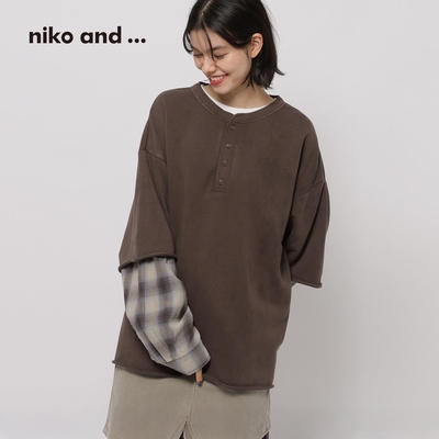 niko and ...T恤女2025秋冬新款假两件格纹拼接亨利领上衣608544