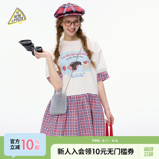 新款 SEE 格纹拼接印花休闲T恤494830 T恤女2025夏季 PIZZA YOU