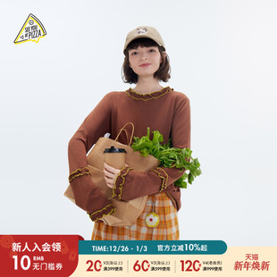 YOU 新款 T恤女2025秋季 棉质木耳边上衣597409 PIZZA SEE