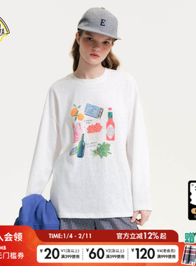 SEE YOU at PIZZA T恤女2026春季新款白色趣味印花长袖上衣655780