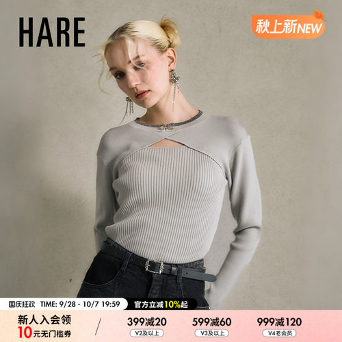 HARE针织衫女2026秋季新款辣妹风盘扣镂空修身长袖毛衣798998
