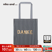 ...帆布包2025新款 niko and 条纹流行通勤棉质字母印花提包611930