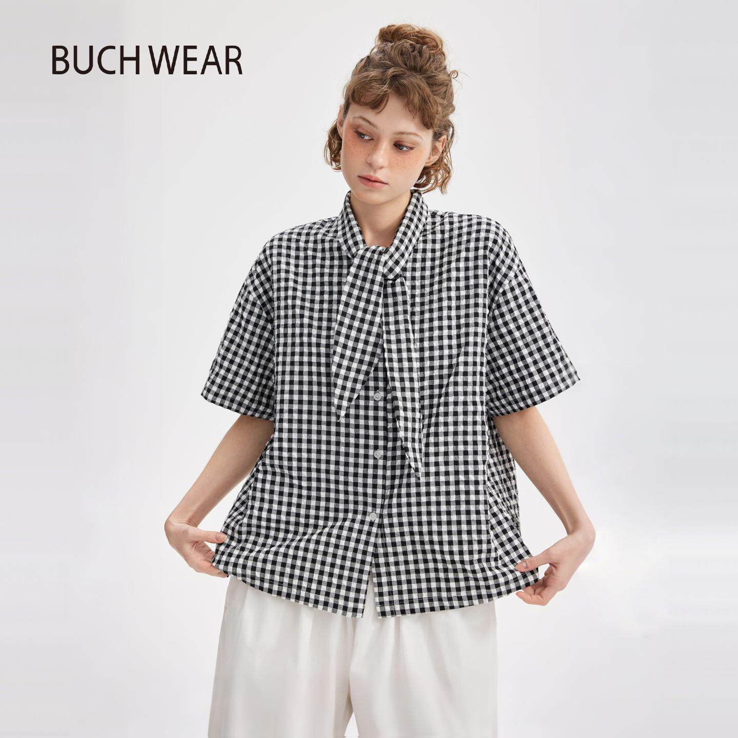BUCH WEAR衬衫女2026夏季新款系带领结格纹短袖上衣660173