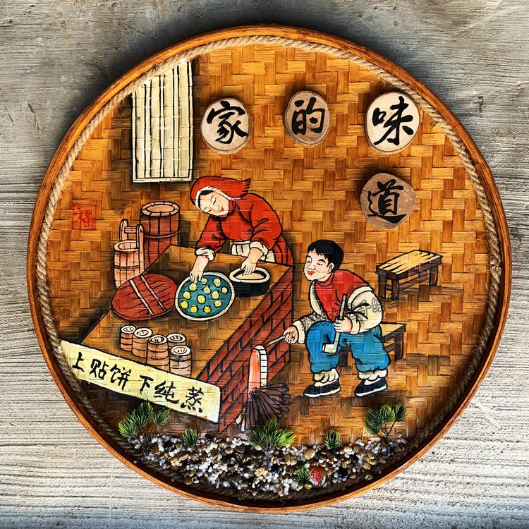 饭店画手工装饰包间农家乐餐馆墙壁挂饰品手绘画簸箕墙面圆形定做图片