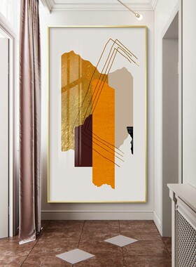 轻奢橙色入户玄关装饰画抽象几何走廊过道挂画金箔暖色调酒店壁画