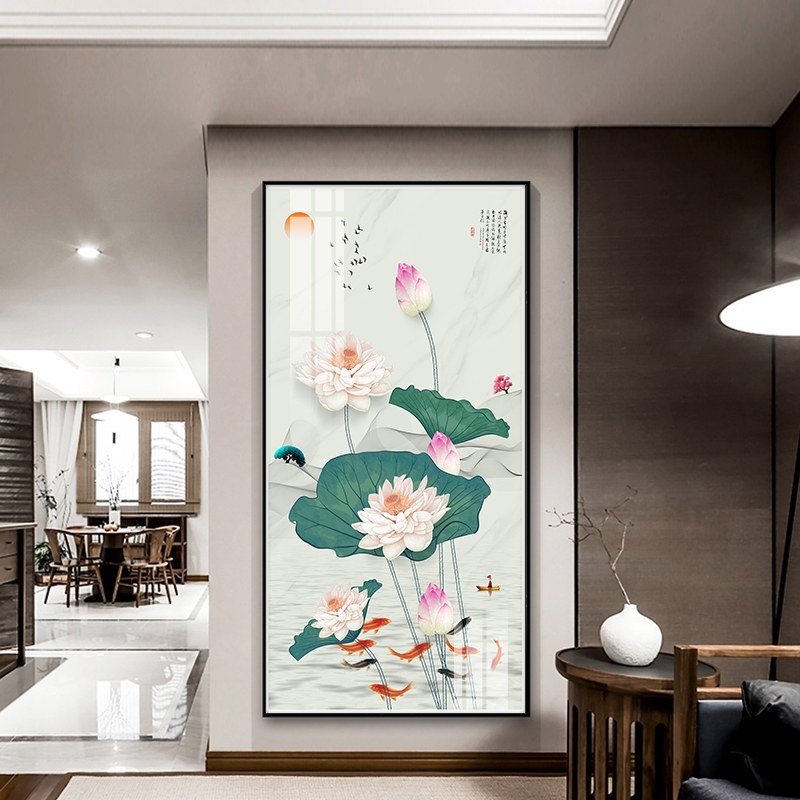 寓意九鱼图走廊客厅壁画玄关荷花过道装饰画竖版入户好新中式定做