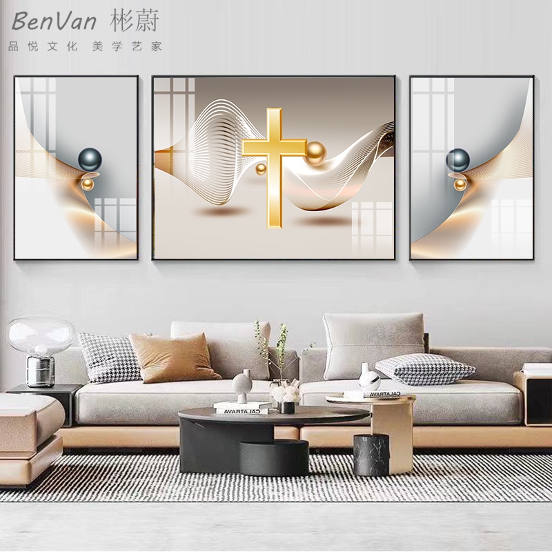 现代简约客厅沙发背景墙几何抽象十字架挂画高端墙壁装饰画三定做