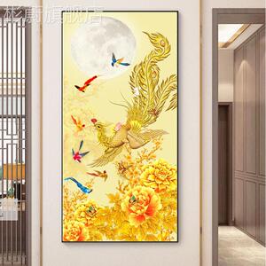 网红客瓷厅入户正对门挂玄关装饰画孔雀凤凰画走廊过道墙壁画晶镶