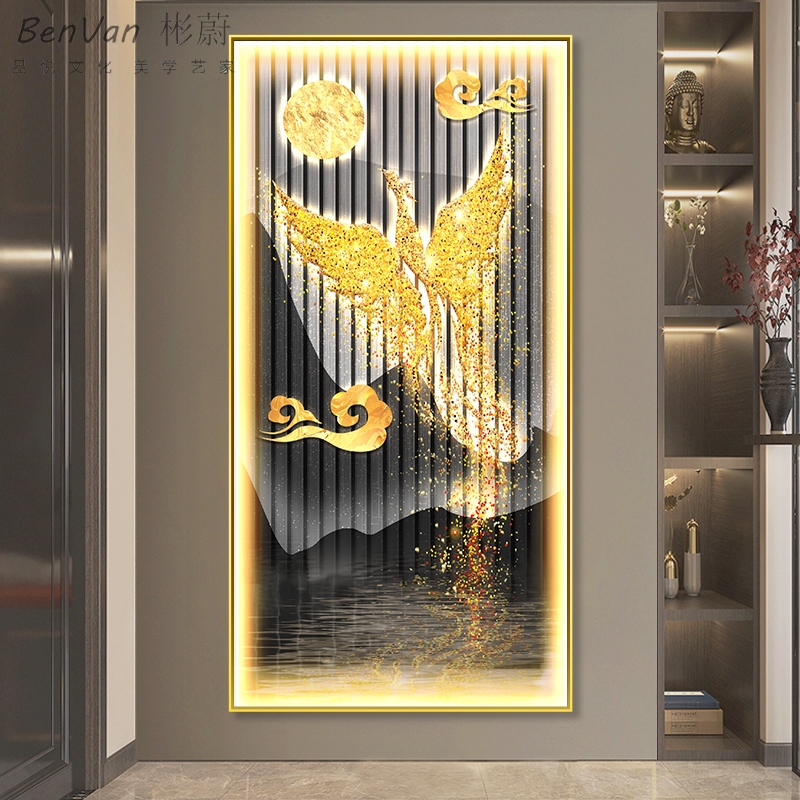 2022年新款浴火凤凰入户玄关装饰画中国风神鸟茶室采耳馆带灯定做图片