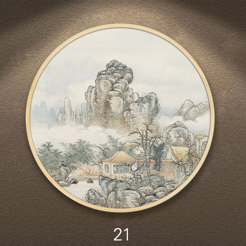 壁画国画挂画山水箱装饰画古风圆形电表玄关背景墙遮挡新中式定做图片