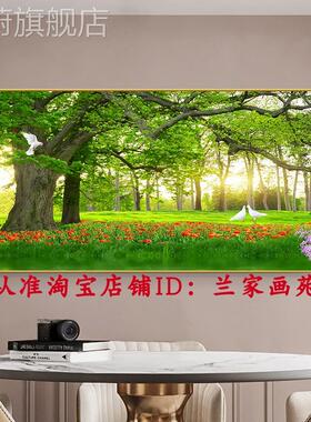 网红客厅沙发花墙鸟风景树装饰绿色大树晶瓷画阳光树林森林麋鹿画