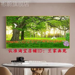 网红客厅沙发花墙鸟风景树装饰绿色大树晶瓷画阳光树林森林麋鹿画