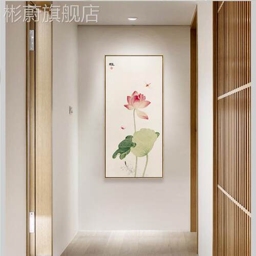 网红新中式荷装饰画客厅茶花室玄关背景墙画走廊挂画莲花联禅意三