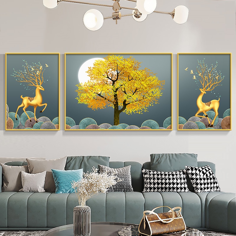 三联装饰画北欧风格麋鹿发财树瓷晶挂画壁画背景墙镶钻晶客厅定做图片