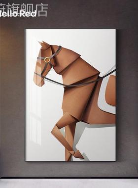 网红现代轻奢入户玄关装饰画过感壁画橙色骏马简约道高级大幅客厅