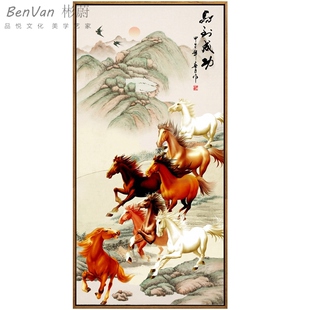 八骏图客厅玄关装饰画竖版马到成功国画万马奔腾画入户八马图定做