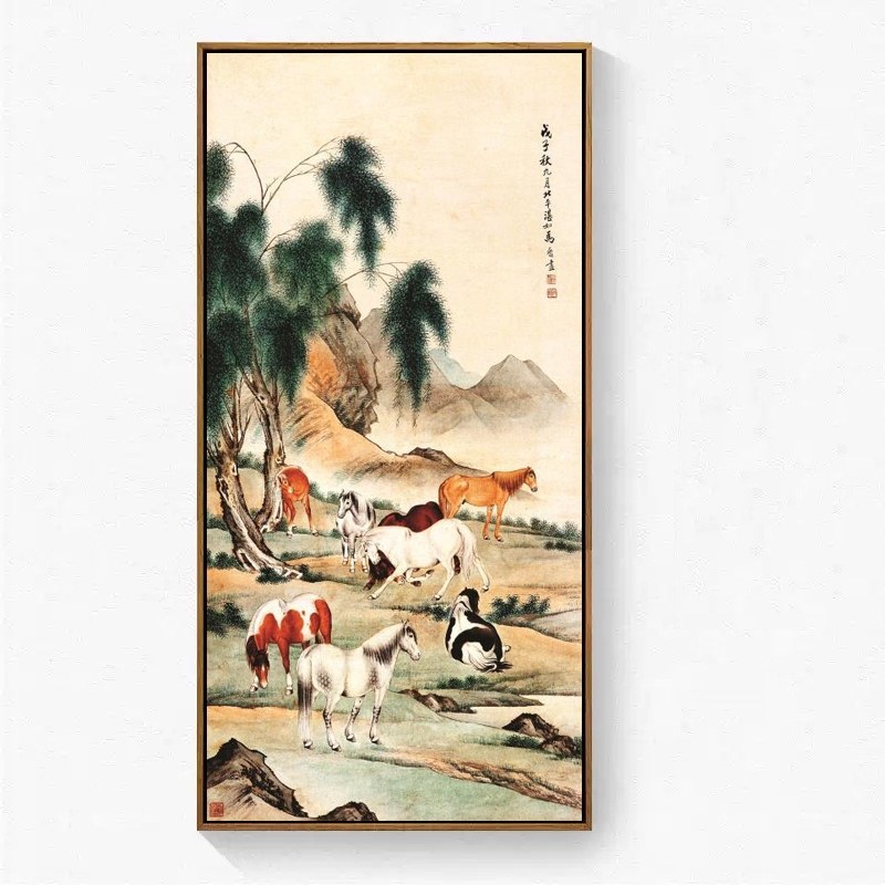 八骏图入户玄关装饰画竖版马到成功国画客厅画万马奔腾八马图定做