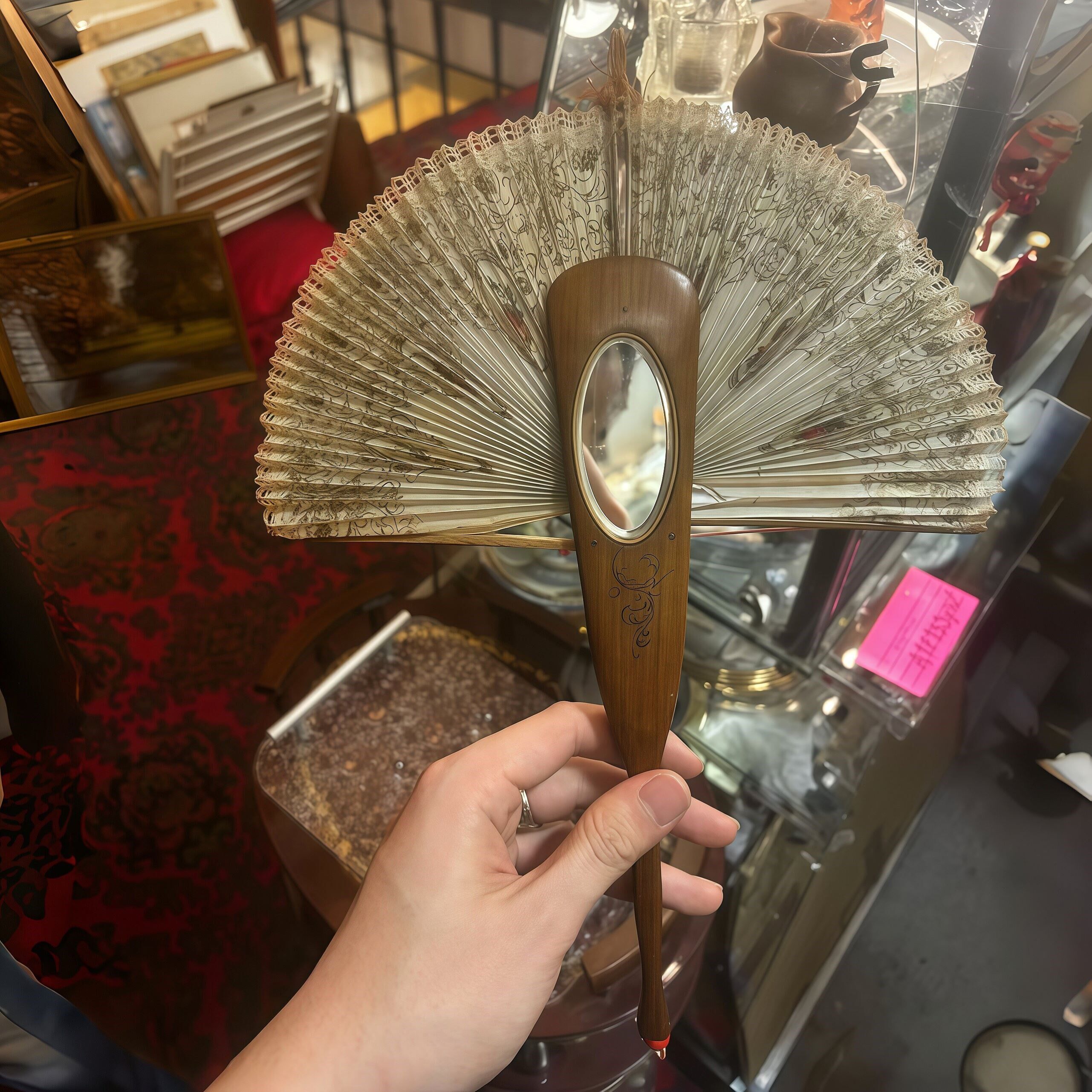 古董镜面扇西洋复古手摇扇隐藏式伸缩拉绳扇古典嵌镜折扇拍照道具