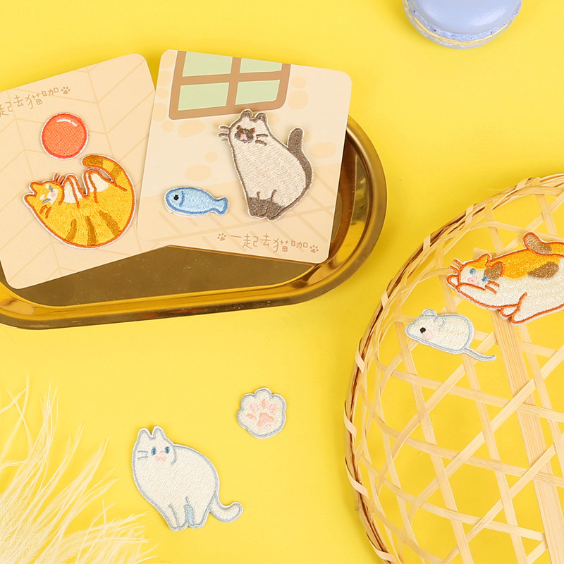 一起来喵咖小猫刺绣贴可爱动物手账笔记本自粘布贴衣服裤子补丁贴