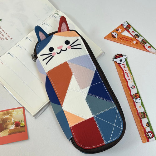 日系小猫撞色拼布笔袋少女心
