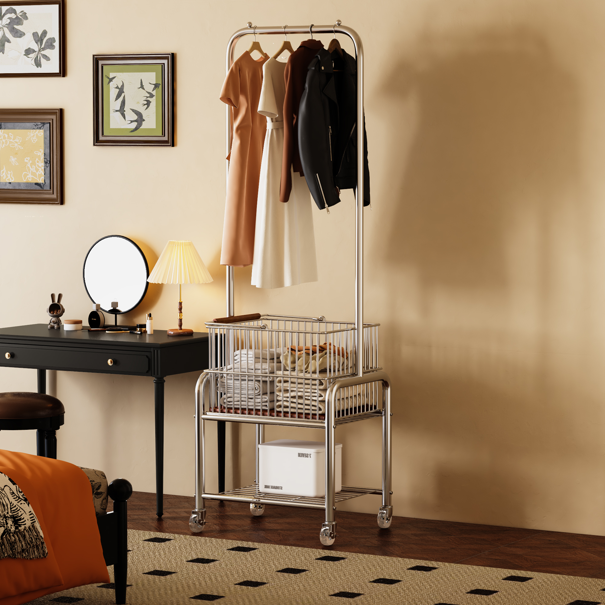 衣帽架中古风挂衣架卧室可移动衣服收纳层架脏衣篮小推车浴室脏衣