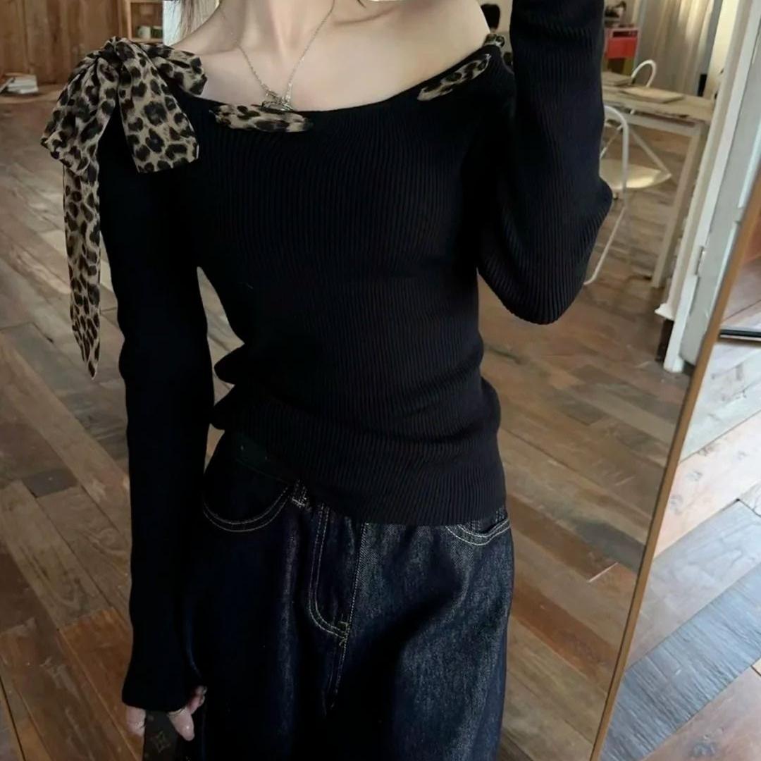 黑色豹纹斜肩针织打底衫女秋季设计感露肩毛衣短款chic甜辣妹上衣