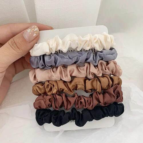 6Pcs/Set Woman Fashion Silk Satin Scrunchies Solid Color Hai
