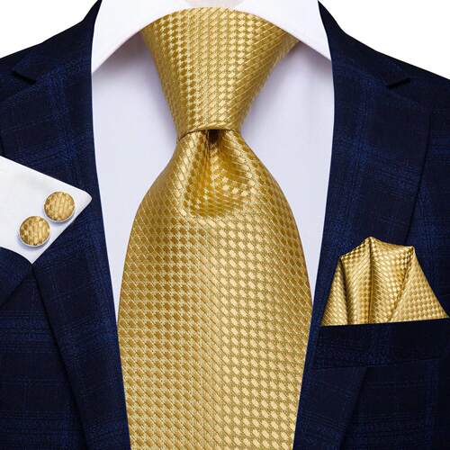 Hi-Tie Solid Gold Yellow Silk Ties For Men Handky Cufflinks