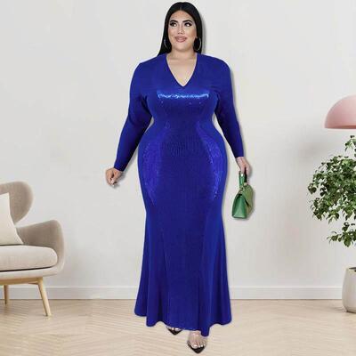Plus size fat women's clothing sexy v neck long dress re