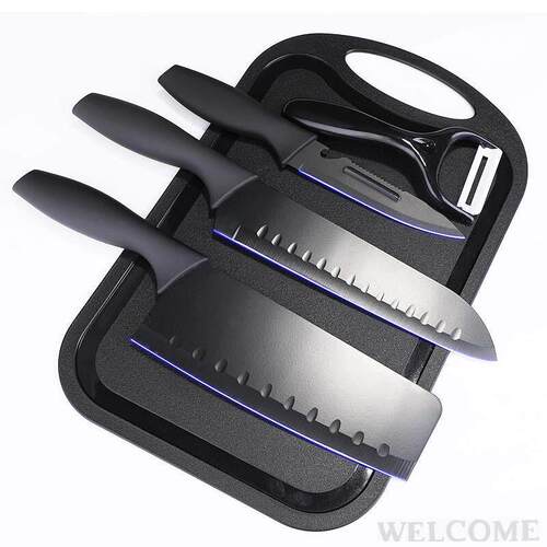 Black steel kitchen knife cutting board set Kitchen