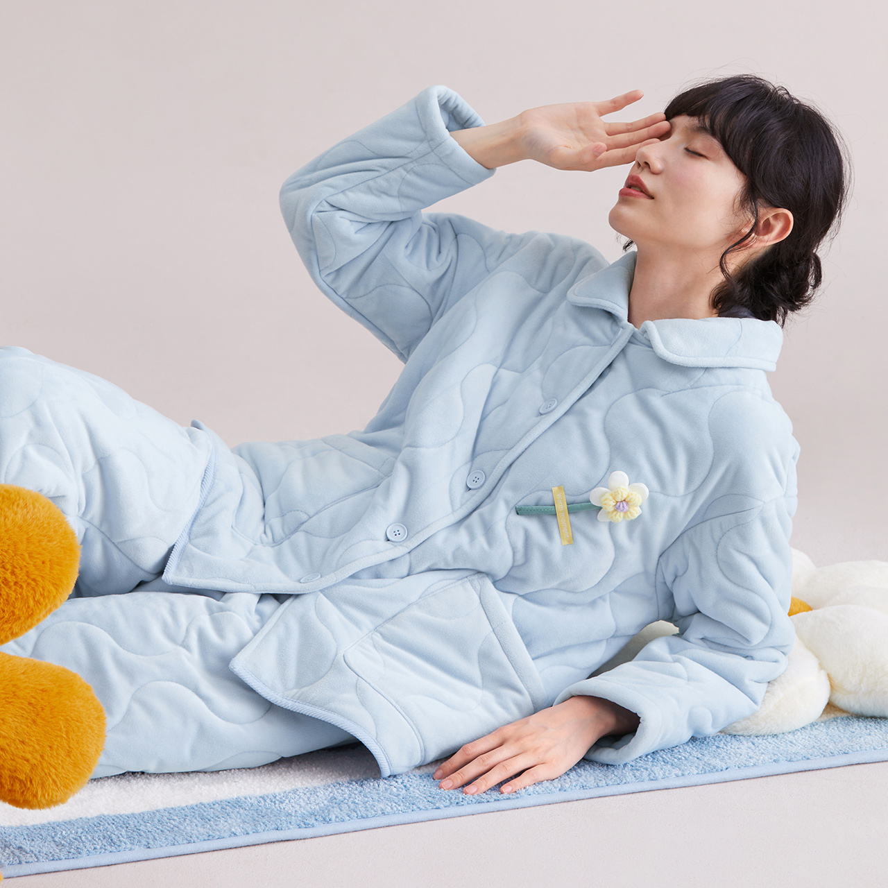 居家舒适睡衣套装红豆夹棉居家服