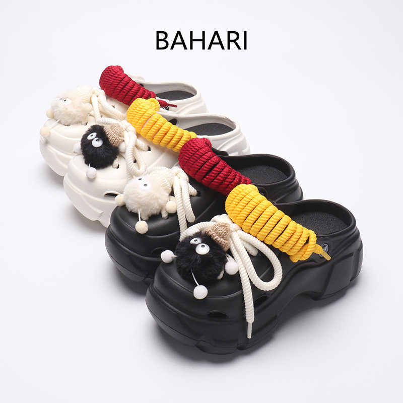 BAHARI黑白毛球绑带厚底洞洞鞋女夏季外穿增高跟防滑eva拖鞋凉鞋