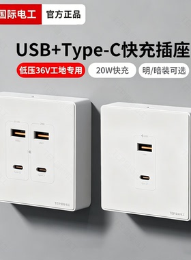 国际电工明装36v快充面板带usb插座工地宿舍86型20W充电typec暗装