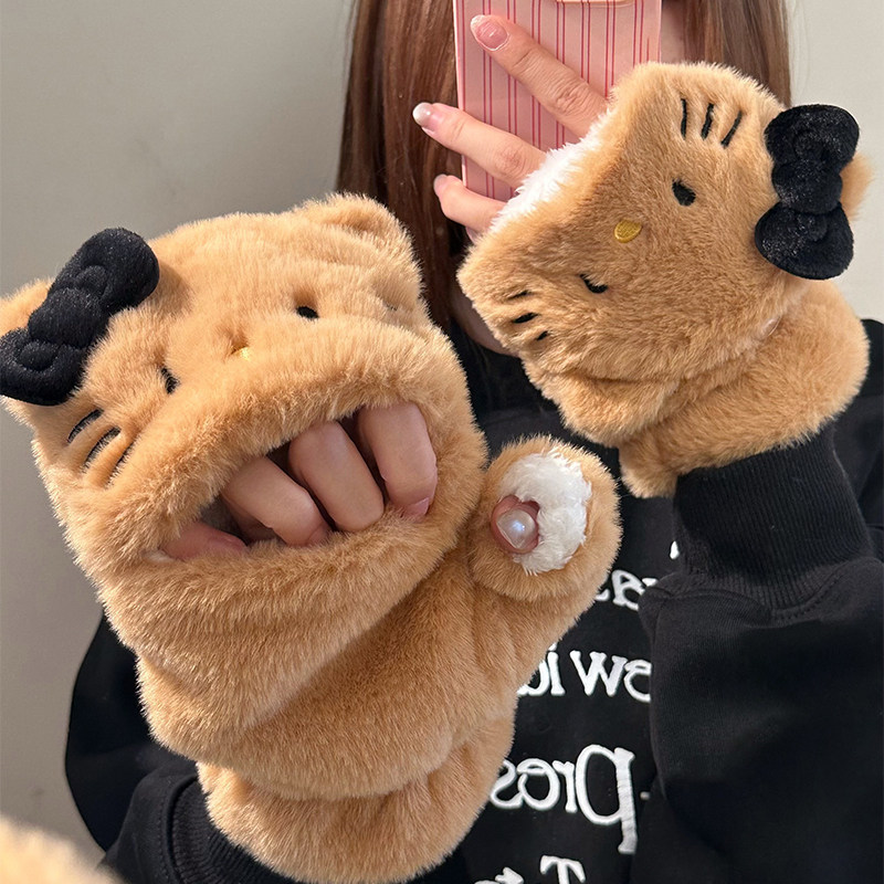 卡通可爱毛绒半指翻盖手套女冬季加绒加厚保暖学生写字骑车用御寒