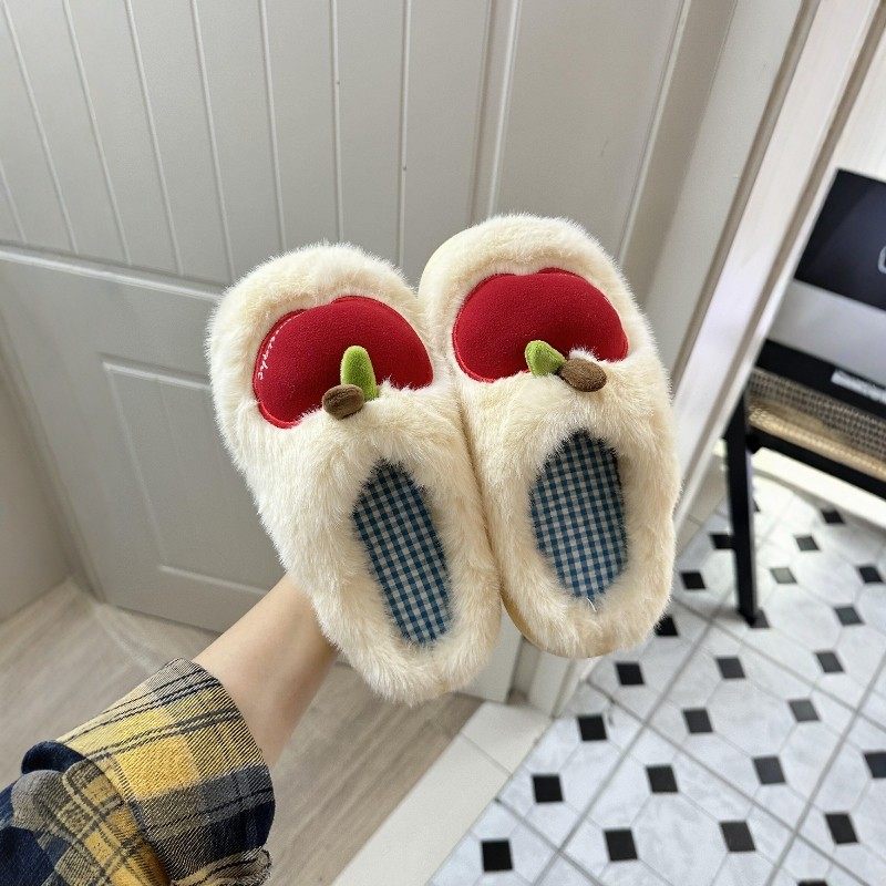 苹果棉拖鞋女秋冬季防滑毛毛绒茸茸可爱家居室内保暖拖鞋2025新款