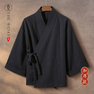 中国风男装棉麻男士改良汉服外套斜襟亚麻居士服冬季禅服道服道袍