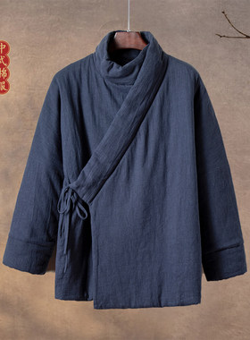 冬装中国风男装棉麻斜襟汉服古风棉衣加厚道服道袍中式棉服外套