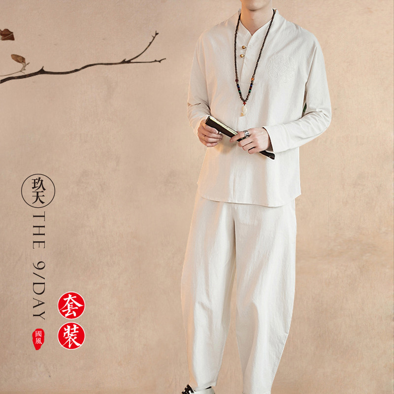 봄 중국 스타일 남성 캐주얼 정장 당나라 정장 평신도 정장 HANFU 느슨한 린넨 도교 가운 2 피스 세트