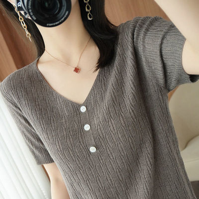 T恤女2021短袖V领针织宽松打底上衣潮