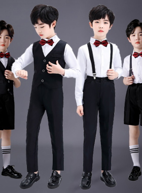 儿童白衬衫短袖男西装礼服花童黑色小学生衬衣黑裤子毕业拍照