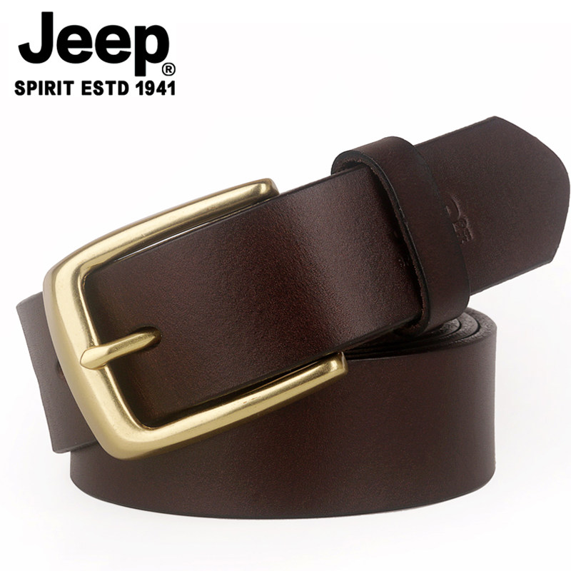 jeep铜扣皮带真皮男士窄款休闲头层纯牛皮针扣吉普中年铜腰带男