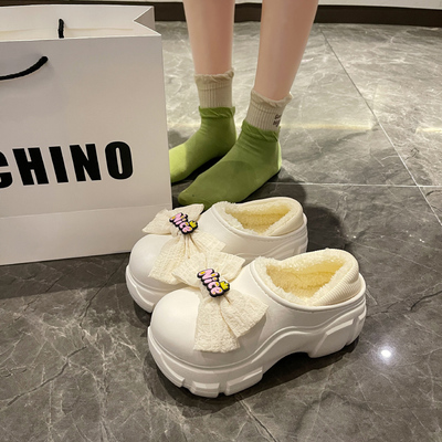 蝴蝶结厚底增高毛毛拖鞋