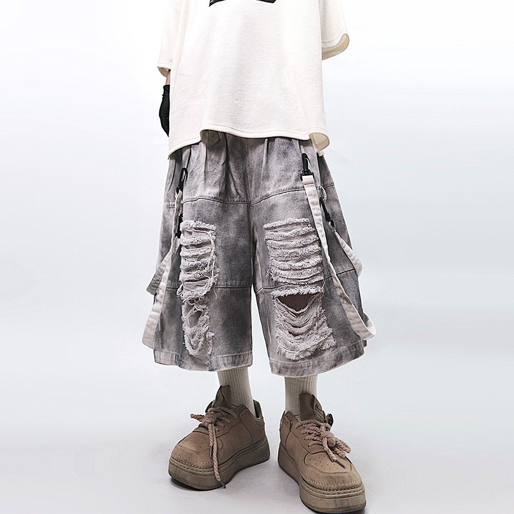 UUCSCC嘻哈复古宽松破洞牛仔短裤潮流vintage做旧水洗直筒五分裤